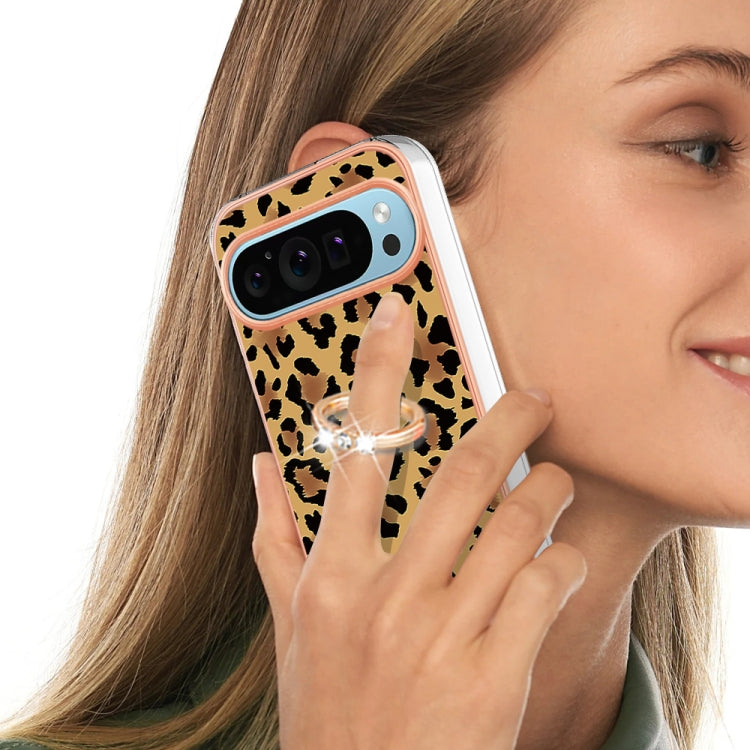 For Google Pixel 9 Pro XL Electroplating Dual-side IMD Phone Case with Ring Holder(Leopard Print)