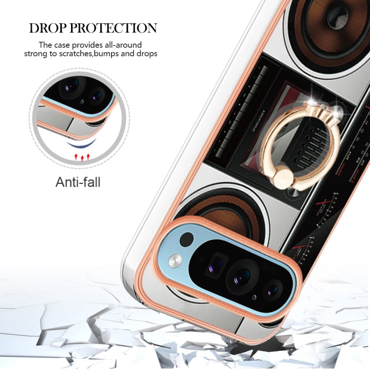 For Google Pixel 9 Pro XL Electroplating Dual-side IMD Phone Case with Ring Holder(Retro Radio)