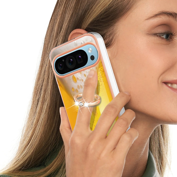 For Google Pixel 9 Pro XL Electroplating Dual-side IMD Phone Case with Ring Holder(Draft Beer)