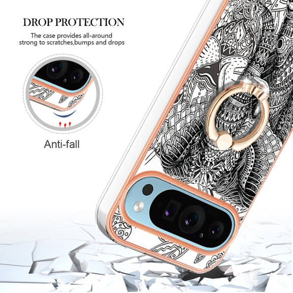 For Google Pixel 9 / 9 Pro Electroplating Dual-side IMD Phone Case with Ring Holder(Totem Elephant)