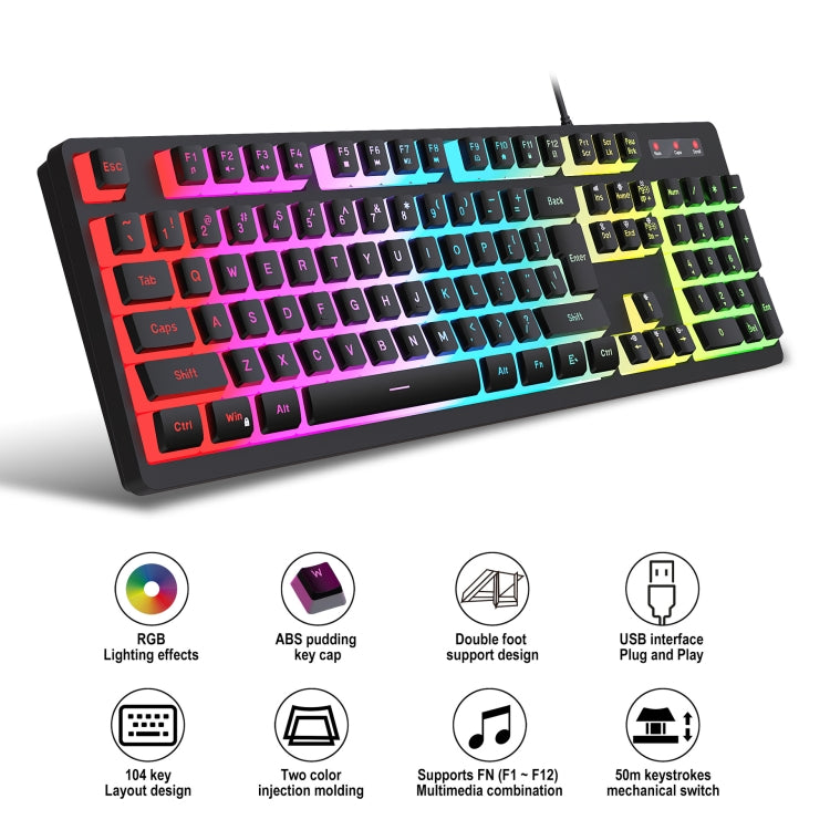 HXSJ L200+X100 Wired RGB Backlit Keyboard and Mouse Set 104 Pudding Key Caps + 3600DPI Mouse(Black)