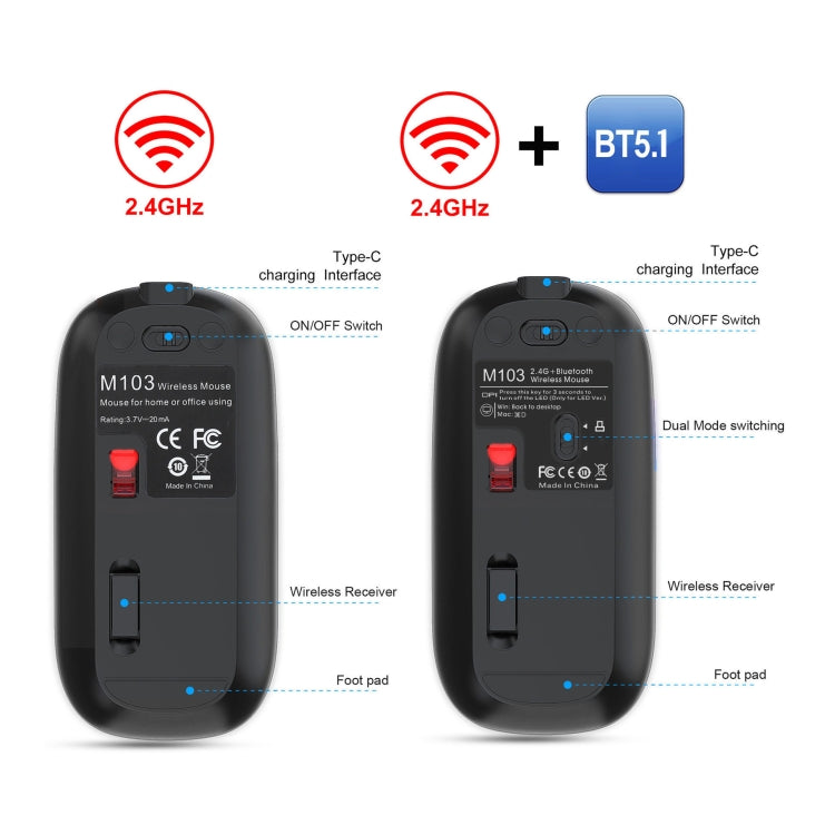 HXSJ M103 1600DPI Dual Mode 2.4GHz + Bluetooth 5.1 Wireless Rechargeable Mouse(Grey) - Wireless Mice by HXSJ | Online Shopping South Africa | PMC Jewellery | Buy Now Pay Later Mobicred