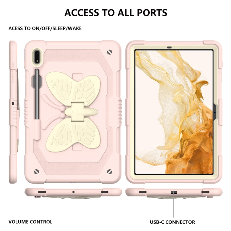 For Samsung Galaxy Tab S9 Butterfly Kickstand Heavy Duty Hard Rugged Tablet Case(Beige+Rose Pink)