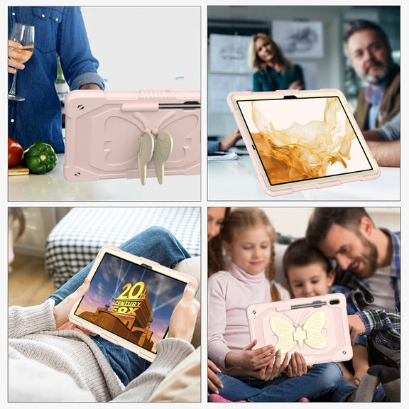 For Samsung Galaxy Tab S9 Butterfly Kickstand Heavy Duty Hard Rugged Tablet Case(Beige+Rose Pink)