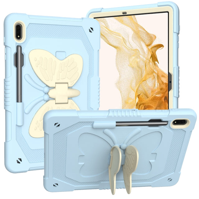 For Samsung Galaxy Tab S9+ Butterfly Kickstand Heavy Duty Hard Rugged Tablet Case(Beige+Ice Blue)