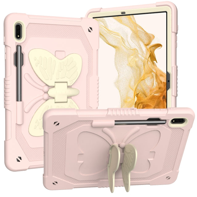 For Samsung Galaxy Tab S9+ Butterfly Kickstand Heavy Duty Hard Rugged Tablet Case(Beige+Rose Pink)