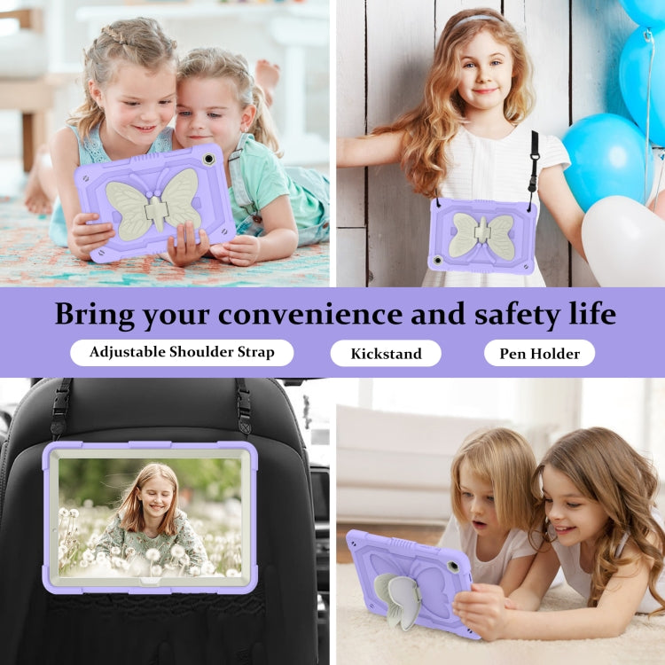 For Samsung Galaxy Tab A9+ Butterfly Kickstand Heavy Duty Hard Rugged Tablet Case(Beige+Raro Purple) - Galaxy Tab A9+ by PMC TechLife | Online Shopping South Africa | PMC TechLife | Buy Now Pay Later Mobicred