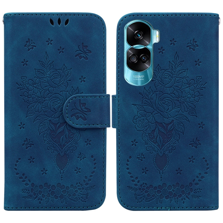 For Honor 90 Lite Butterfly Rose Embossed Leather Phone Case(Blue) - Honor Cases by PMC TechLife | Online Shopping South Africa | PMC TechLife | Buy Now Pay Later Mobicred