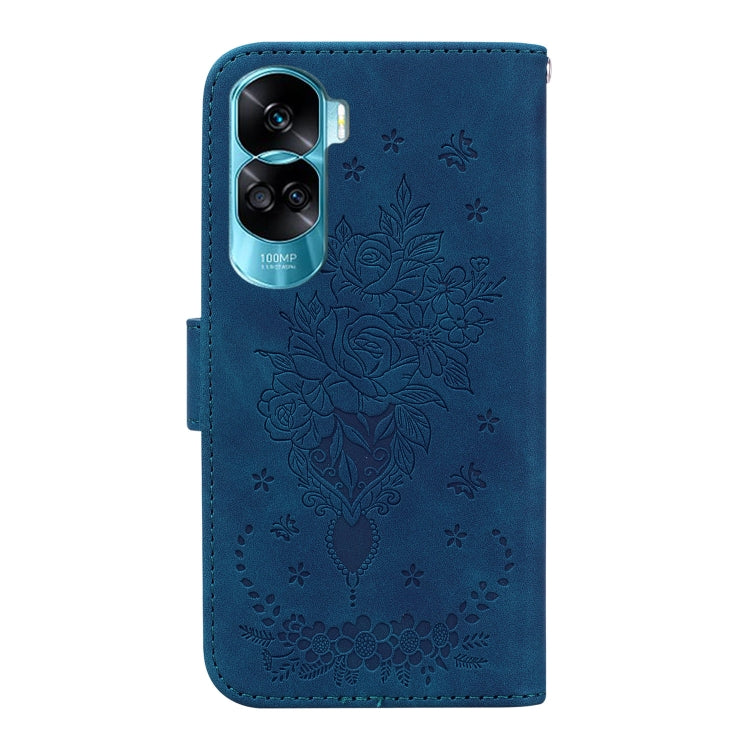 For Honor 90 Lite Butterfly Rose Embossed Leather Phone Case(Blue) - Honor Cases by PMC TechLife | Online Shopping South Africa | PMC TechLife | Buy Now Pay Later Mobicred
