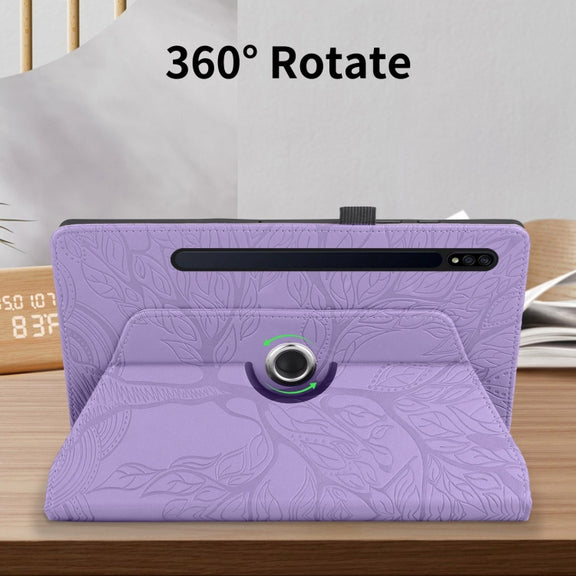For Samsung Galaxy Tab S9 / S7 / S8 Tree Life Embossed Rotation Leather Tablet Case(Purple)