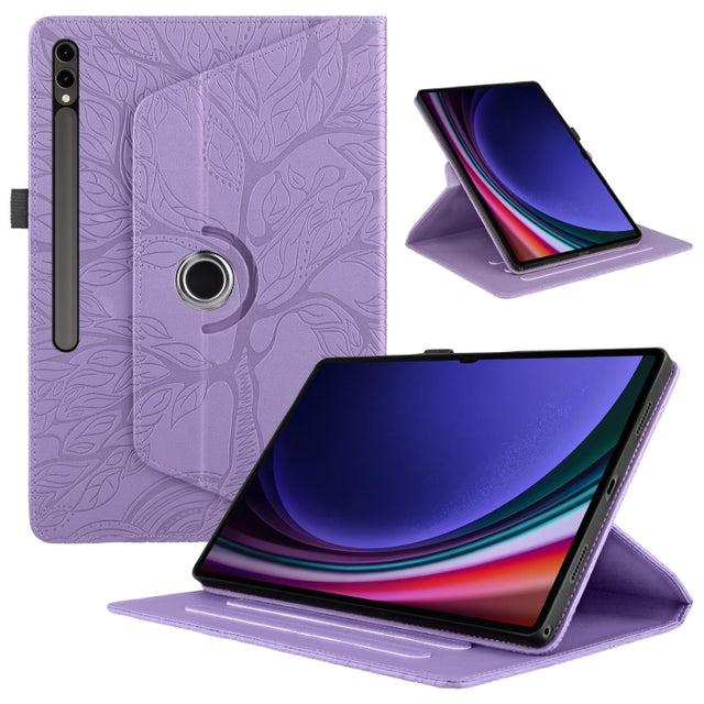 For Samsung Galaxy Tab S9 Ultra/S8 Ultra Tree Life Embossed Rotation Leather Tablet Case(Purple)
