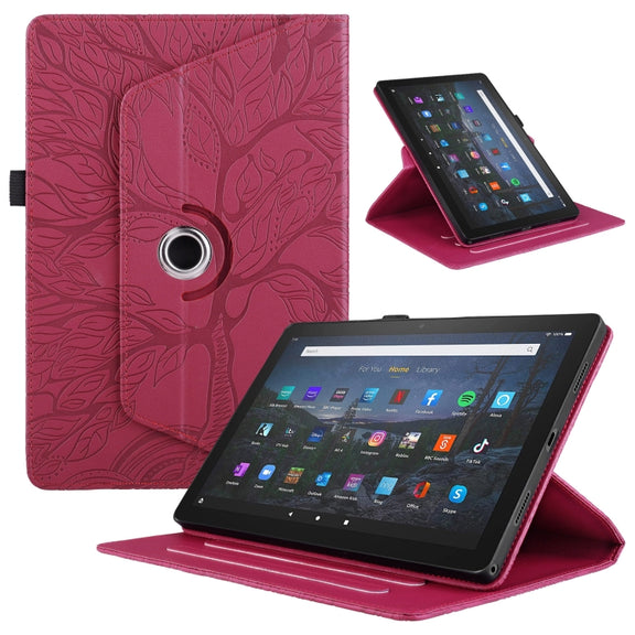 For Amazon Kindle Fire HD10 2021 Tree Life Embossed Rotation Leather Tablet Case(Red)