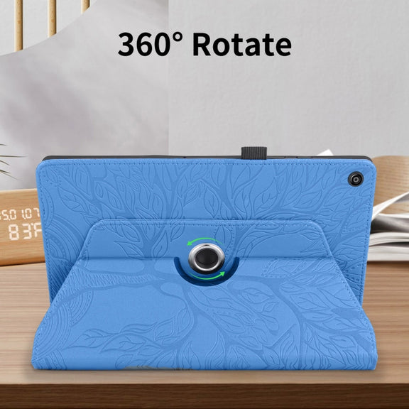 For Amazon Kindle Fire HD8 2015-2019 Tree Life Embossed Rotation Leather Tablet Case(Blue)