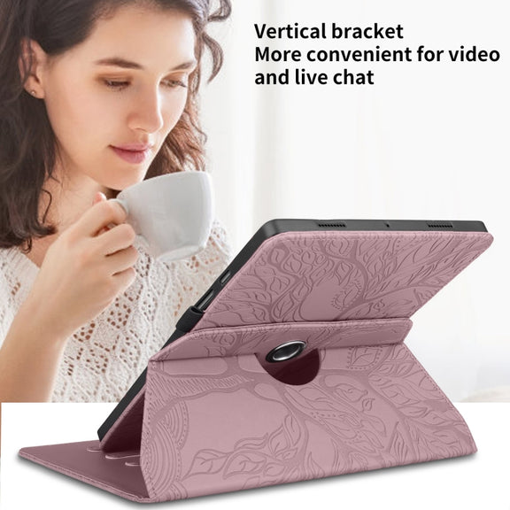 For Amazon Kindle Paperwhite 5 Tree Life Embossed Rotation Leather Smart Tablet Case(Rose Gold)