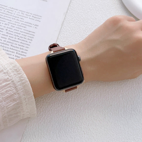 For Apple Watch Ultra 49mm T-shaped Slim Genuine Leather Watch Band(Black)