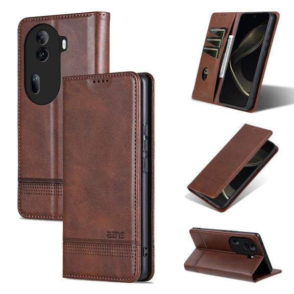 For OPPO Reno11 China AZNS Magnetic Calf Texture Flip Leather Phone Case(Dark Brown)