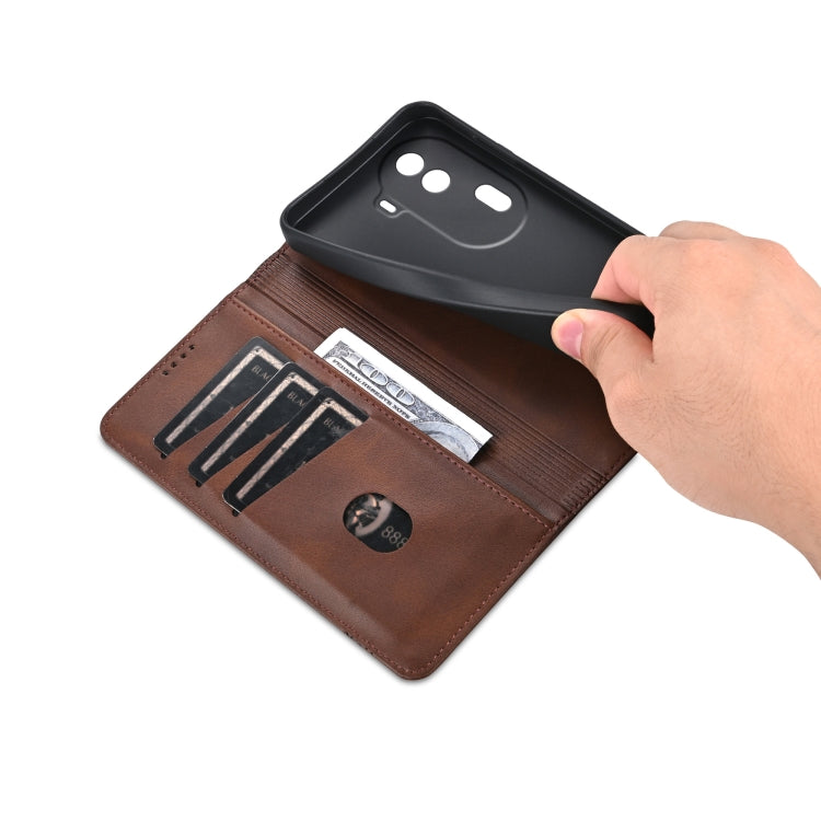 For OPPO Reno11 China AZNS Magnetic Calf Texture Flip Leather Phone Case(Dark Brown)