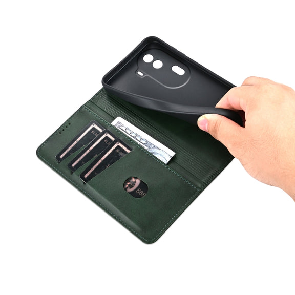 For OPPO Reno11 China AZNS Magnetic Calf Texture Flip Leather Phone Case(Dark Green)