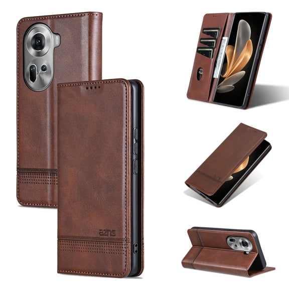 For OPPO Reno11 Global AZNS Magnetic Calf Texture Flip Leather Phone Case(Dark Brown)