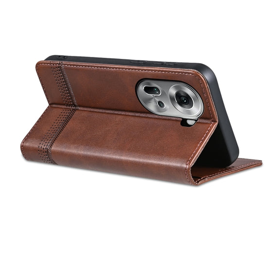 For OPPO Reno11 Global AZNS Magnetic Calf Texture Flip Leather Phone Case(Dark Brown)