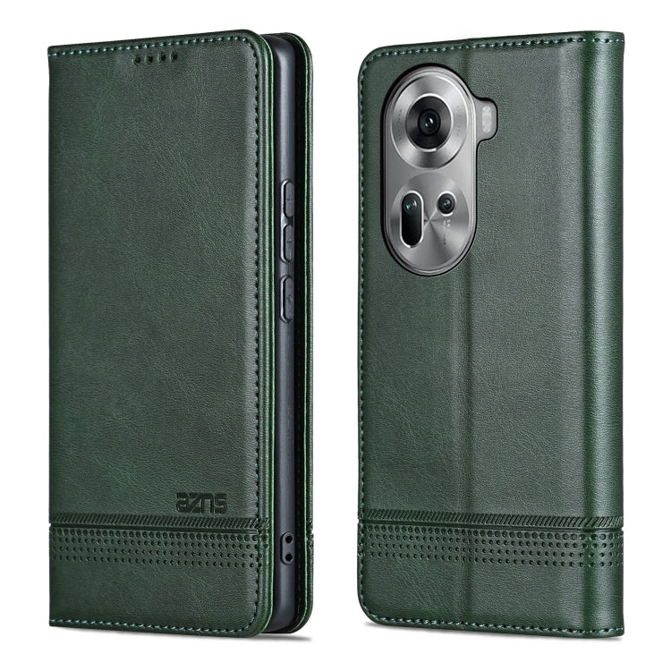 For OPPO Reno11 Global AZNS Magnetic Calf Texture Flip Leather Phone Case(Dark Green)