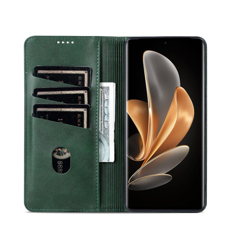 For OPPO Reno11 Global AZNS Magnetic Calf Texture Flip Leather Phone Case(Dark Green)