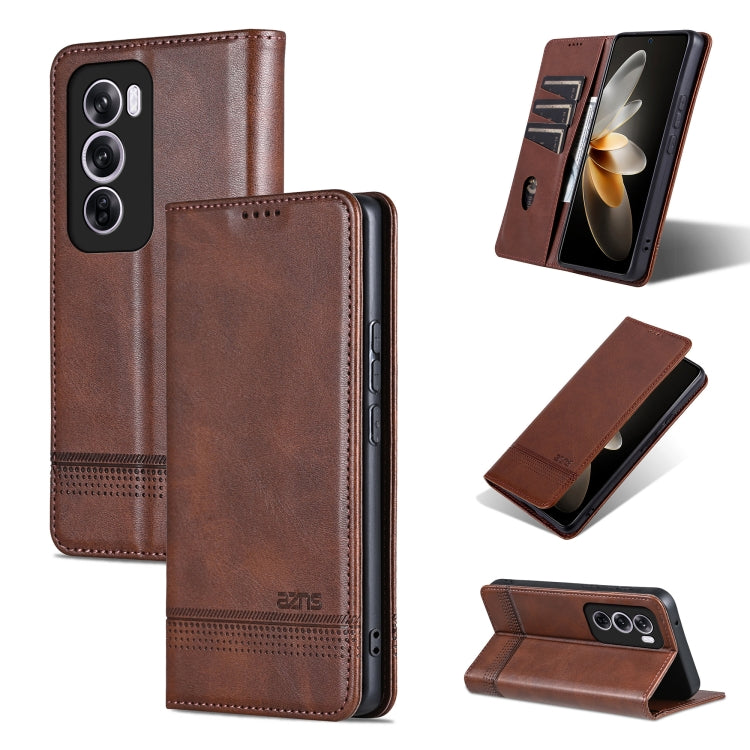 For OPPO Reno12 Global AZNS Magnetic Calf Texture Flip Leather Phone Case(Dark Brown) - OPPO Cases by AZNS | Online Shopping South Africa | PMC Jewellery | Buy Now Pay Later Mobicred