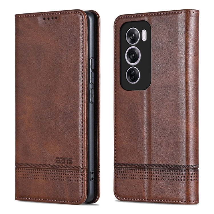 For OPPO Reno12 Global AZNS Magnetic Calf Texture Flip Leather Phone Case(Dark Brown)