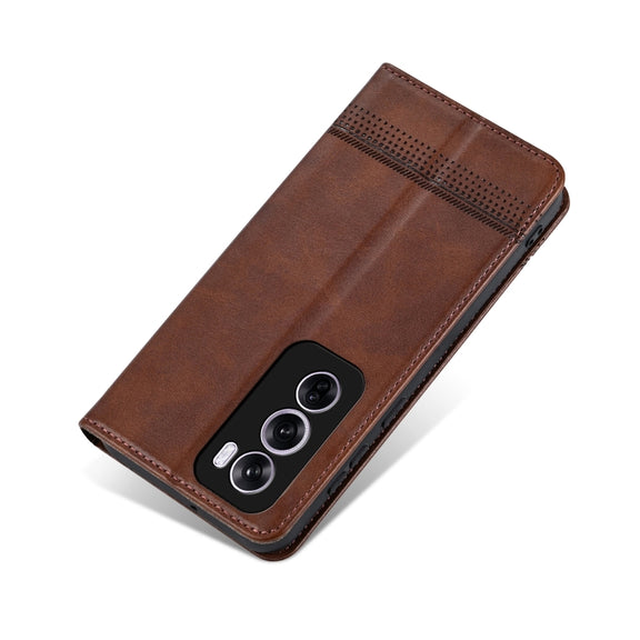For OPPO Reno12 Global AZNS Magnetic Calf Texture Flip Leather Phone Case(Dark Brown)