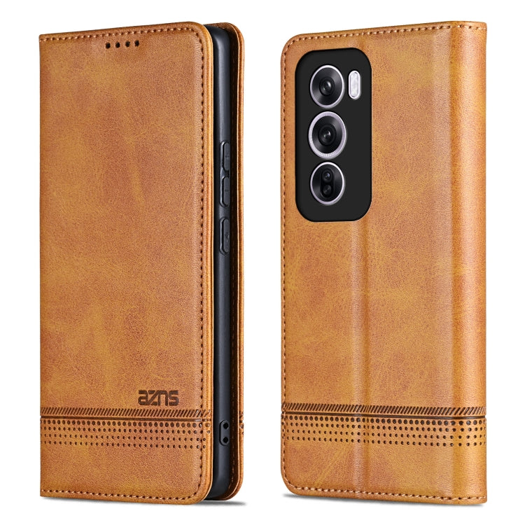 For OPPO Reno12 Global AZNS Magnetic Calf Texture Flip Leather Phone Case(Light Brown)