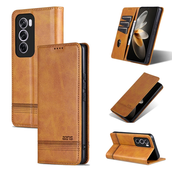 For OPPO Reno12 Global AZNS Magnetic Calf Texture Flip Leather Phone Case(Light Brown)