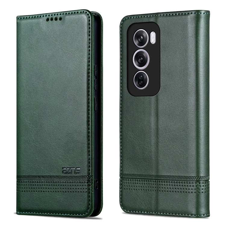 For OPPO Reno12 Global AZNS Magnetic Calf Texture Flip Leather Phone Case(Dark Green)