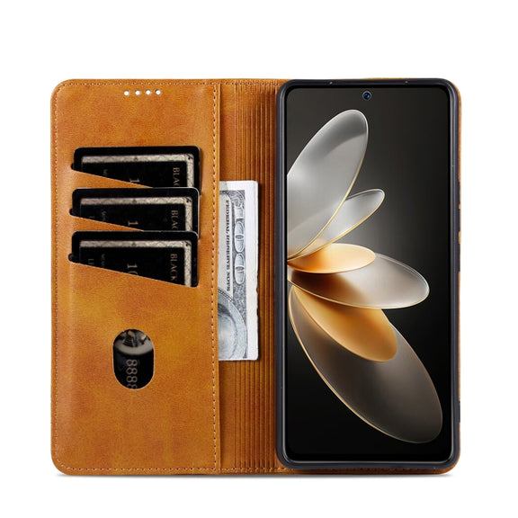 For OPPO Reno12 Pro Global AZNS Magnetic Calf Texture Flip Leather Phone Case(Light Brown)