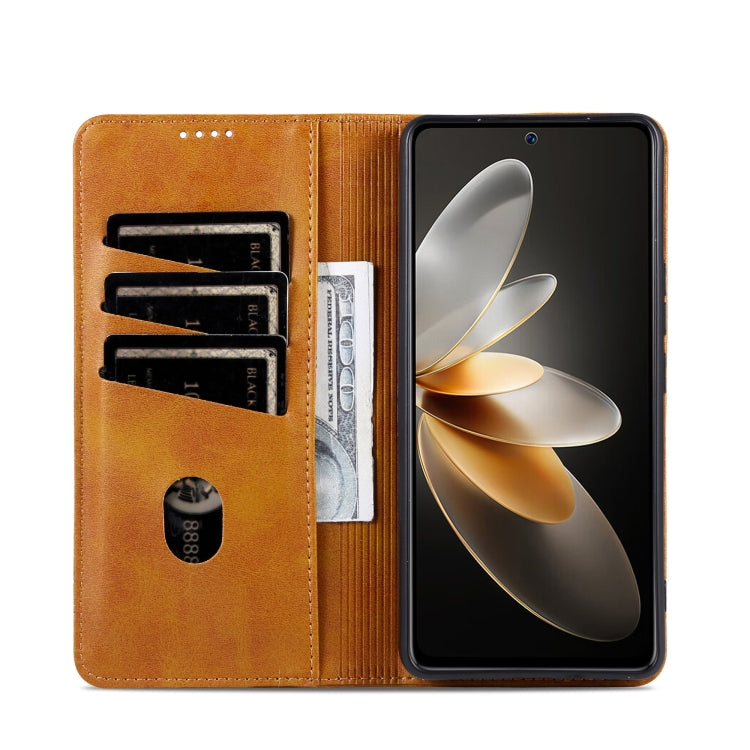 For OPPO Reno12 Pro Global AZNS Magnetic Calf Texture Flip Leather Phone Case(Light Brown)