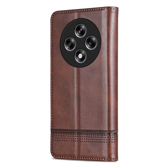 For OPPO Reno12 F 4G AZNS Magnetic Calf Texture Flip Leather Phone Case(Dark Brown)