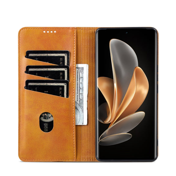 For OPPO Reno12 F 4G AZNS Magnetic Calf Texture Flip Leather Phone Case(Light Brown)