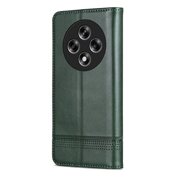 For OPPO Reno12 F 4G AZNS Magnetic Calf Texture Flip Leather Phone Case(Dark Green)