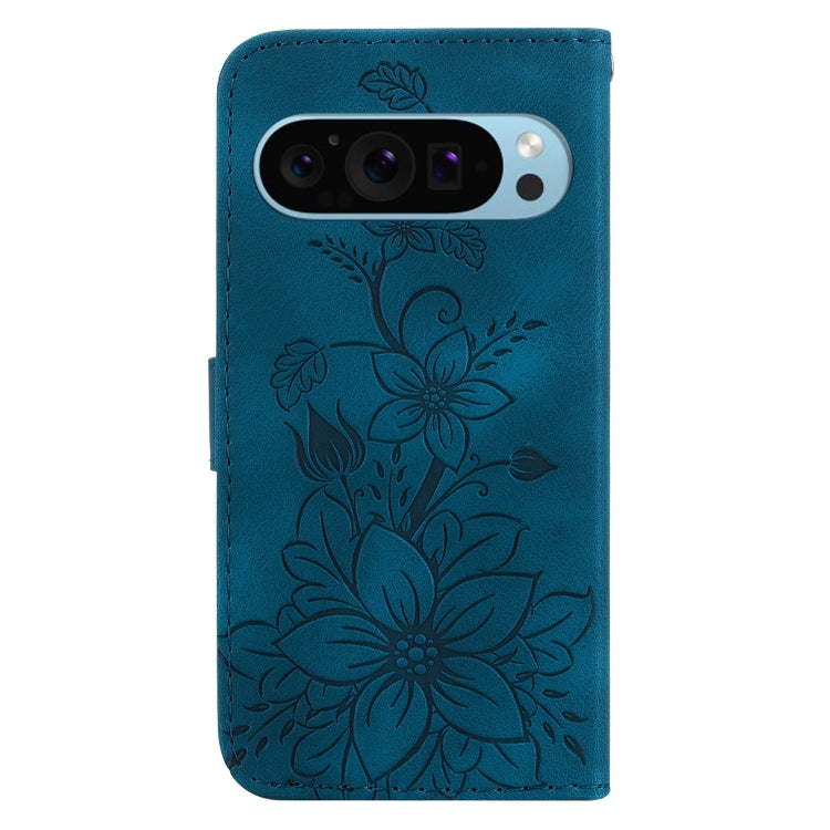 For Google Pixel 9 Pro Lily Embossed Leather Phone Case(Dark Blue)