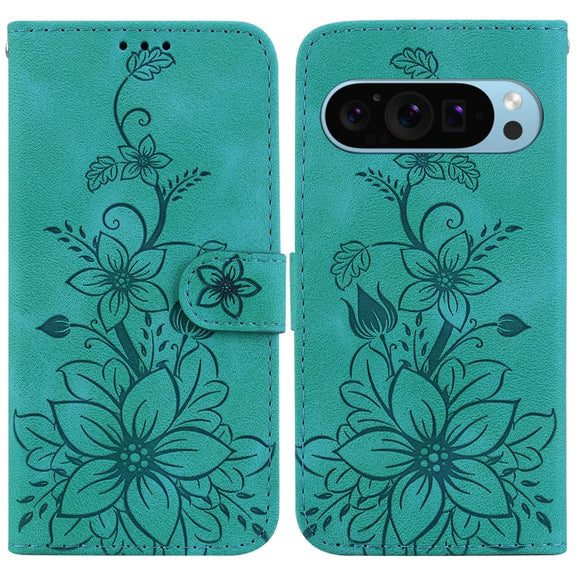 For Google Pixel 9 Lily Embossed Leather Phone Case(Green)