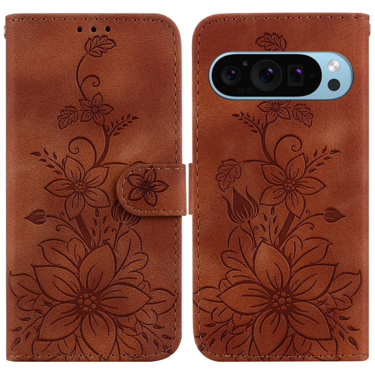 For Google Pixel 9 Lily Embossed Leather Phone Case(Brown) - Google Cases by PMC TechLife | Online Shopping South Africa | PMC TechLife | Buy Now Pay Later Mobicred