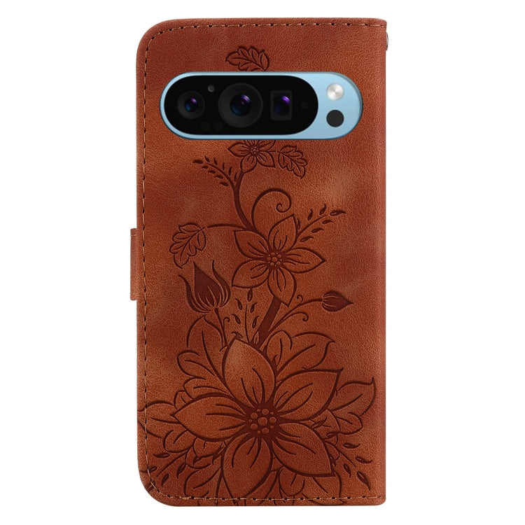 For Google Pixel 9 Lily Embossed Leather Phone Case(Brown) - Google Cases by PMC TechLife | Online Shopping South Africa | PMC TechLife | Buy Now Pay Later Mobicred