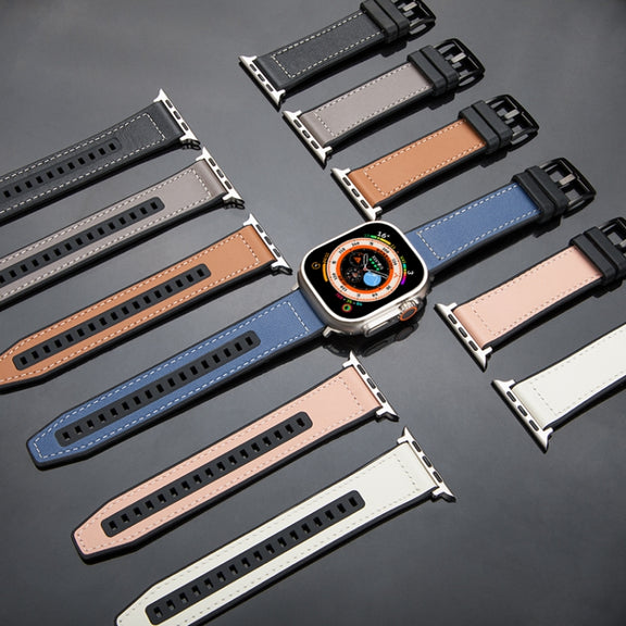 For Apple Watch Series 8 41mm Hybrid Leather Silicone Watch Band(White)