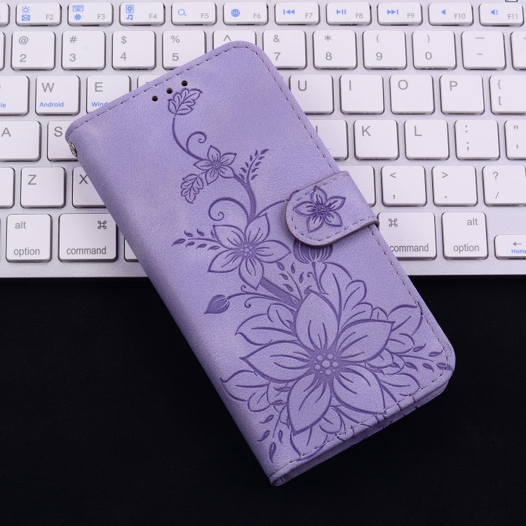 For iPhone 16e Lily Embossed Leather Phone Case(Purple)