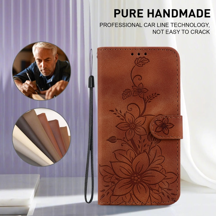 For iPhone 16e Lily Embossed Leather Phone Case(Brown) - iPhone 16e Cases by PMC TechLife | Online Shopping South Africa | PMC TechLife | Buy Now Pay Later Mobicred