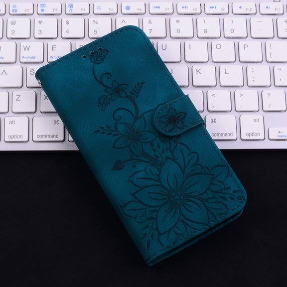 For iPhone 16e Lily Embossed Leather Phone Case(Dark Blue)