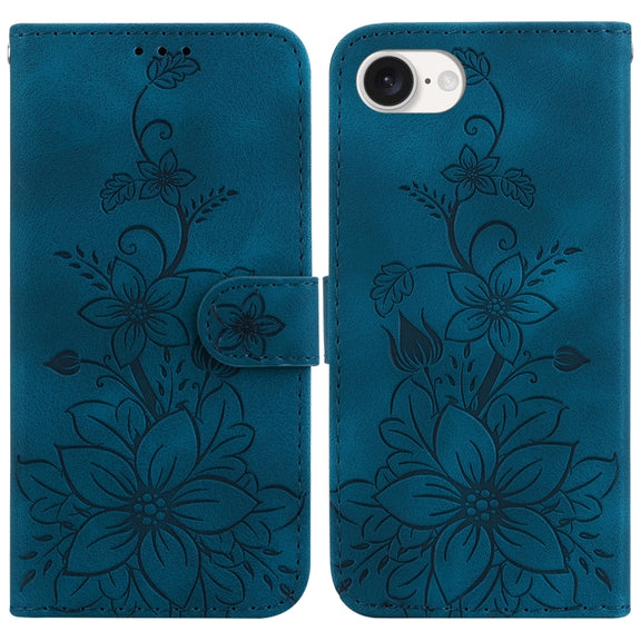 For iPhone 16e Lily Embossed Leather Phone Case(Dark Blue)