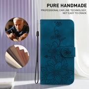 For iPhone 16e Lily Embossed Leather Phone Case(Dark Blue)