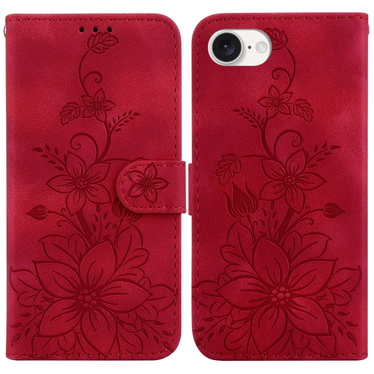 For iPhone 16e Lily Embossed Leather Phone Case(Red) - iPhone 16e Cases by PMC TechLife | Online Shopping South Africa | PMC TechLife | Buy Now Pay Later Mobicred