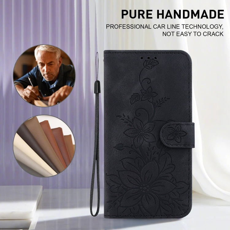 For iPhone 16e Lily Embossed Leather Phone Case(Black) - iPhone 16e Cases by PMC TechLife | Online Shopping South Africa | PMC TechLife | Buy Now Pay Later Mobicred