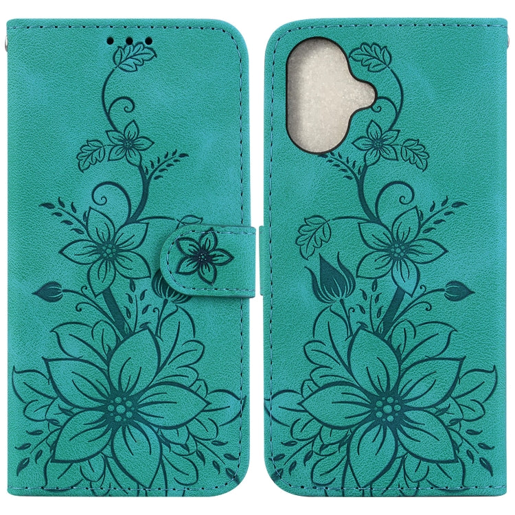 For iPhone 16 Lily Embossed Leather Phone Case(Green) - iPhone 16 Cases by PMC TechLife | Online Shopping South Africa | PMC TechLife | Buy Now Pay Later Mobicred
